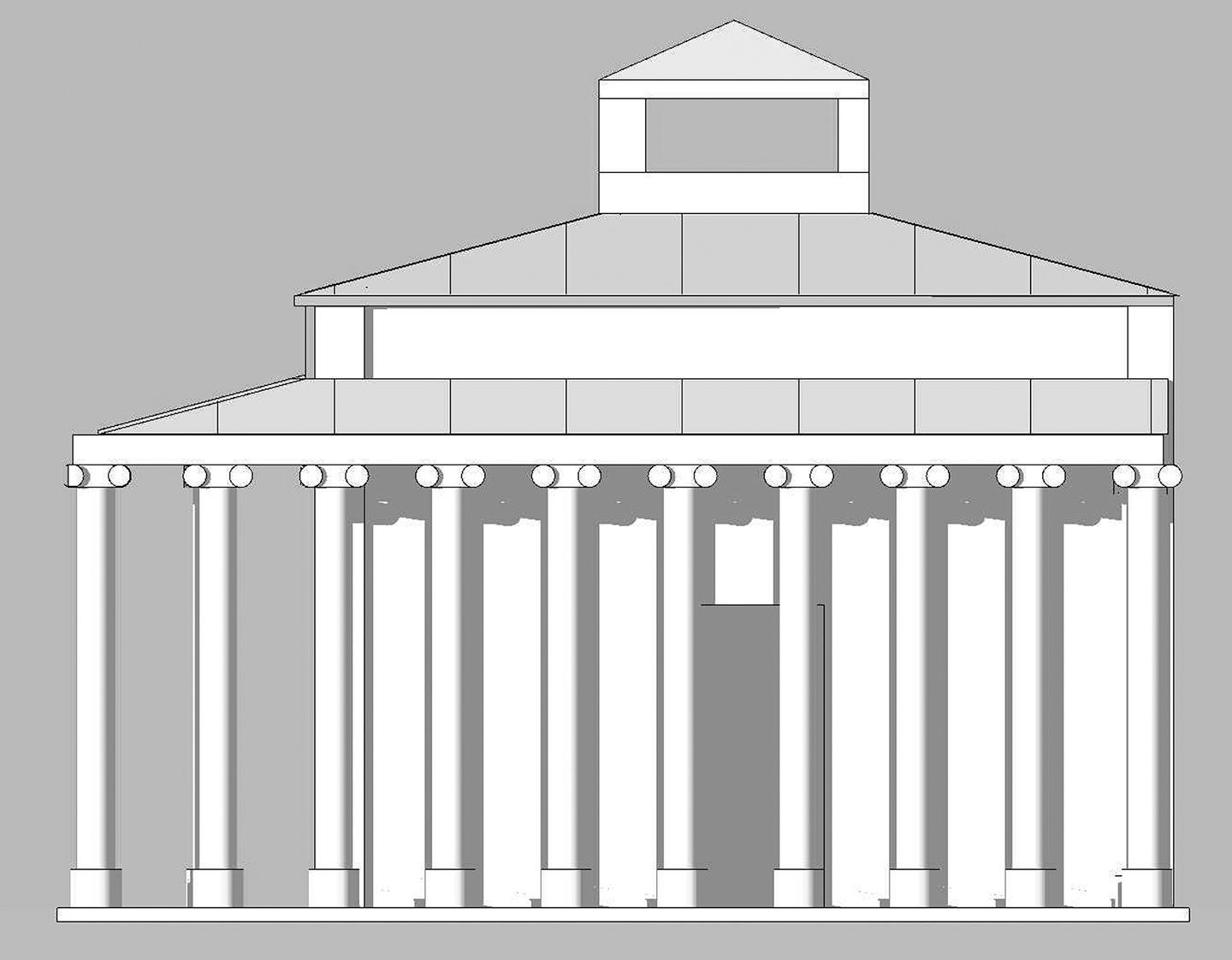 Figure 5 : temple d’Athéna, proposition R. Étienne-J.-P Braun, esquisse de la façade Est (A) et axonométrie, vue de l’angle Sud-Ouest (B).